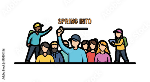 Group of diverse people celebrating spring with a banner.