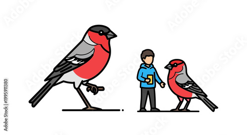 Illustrated depiction of a vibrant red bullfinch bird with a person.