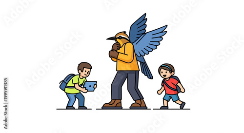 Illustration of a bird-like figure interacting with children outdoors.