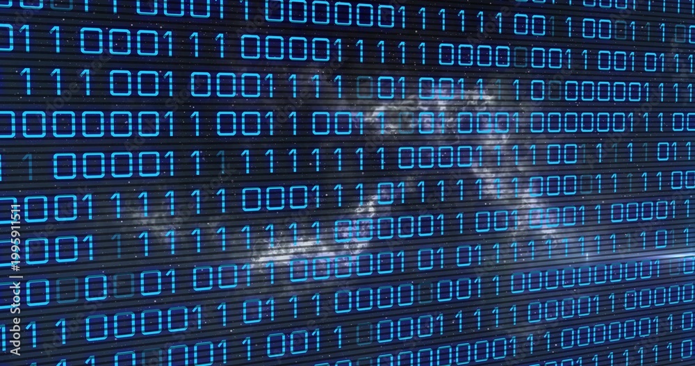 Fototapeta premium Scrolling rows of blue binary digits filling ribbed virtual display at data hub, with nebula cloud