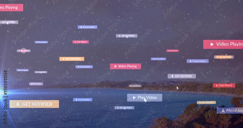 Fototapeta premium Floating UI tiles drifting over coastal night scene, showing pointer cursor, lens flare and ocean