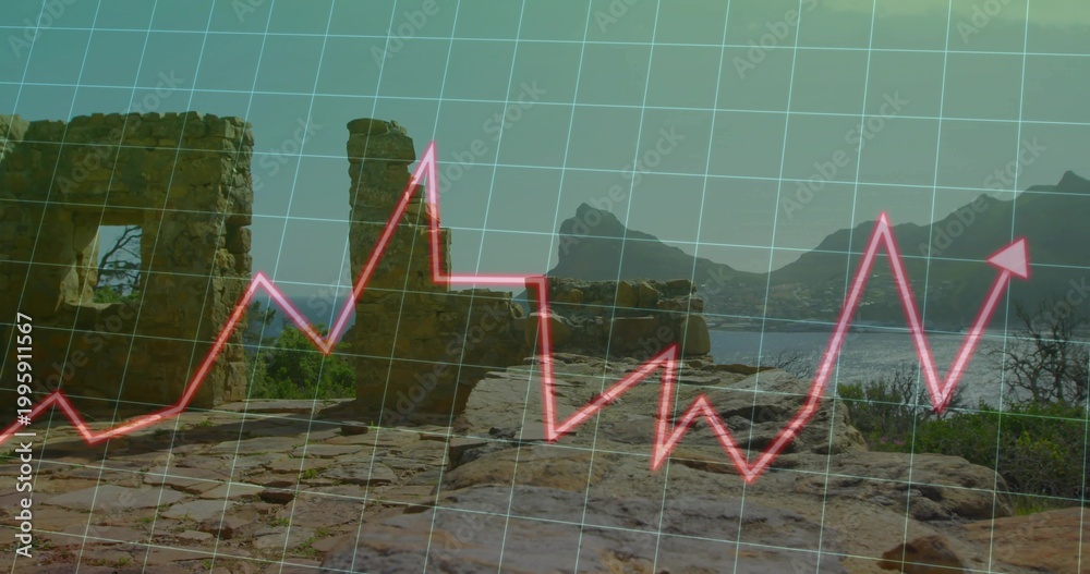 Fototapeta premium Framing stone ruins on cracked rocks, showing calm bay, mountains, grid and neon pink line graph
