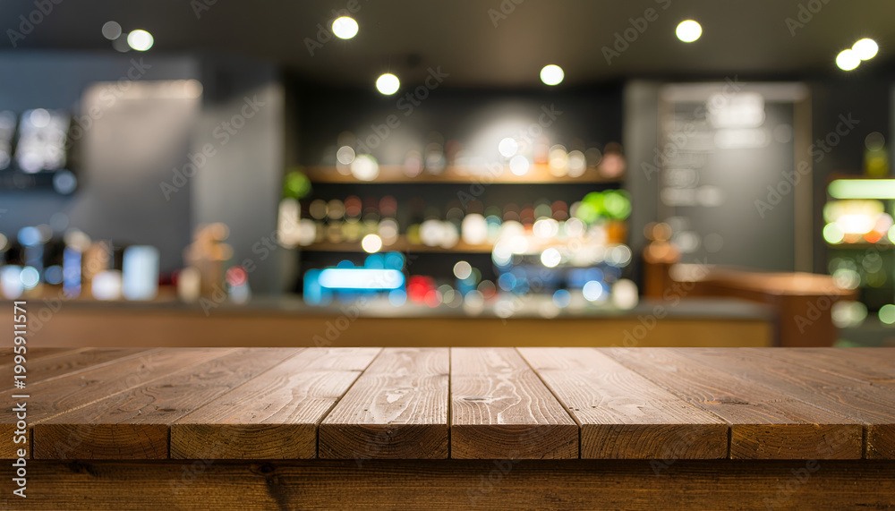Fototapeta premium Empty wooden table with blurred cafe bar background.