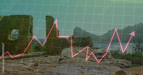 Framing stone ruins on cracked rocks, showing calm bay, mountains, grid and neon pink line graph