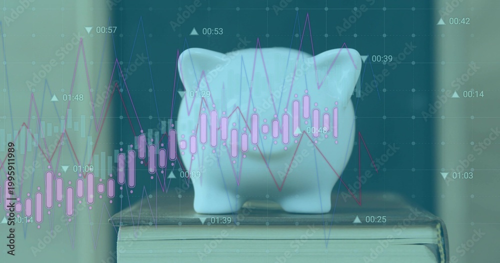 Obraz premium Showing ceramic piggy bank sitting on closed book on desk, overlaying candlestick lines and times