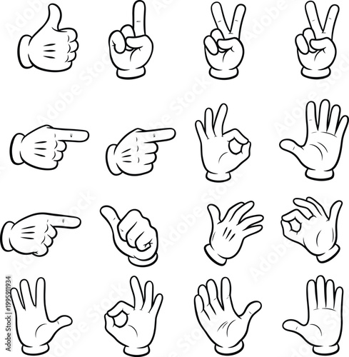 Cartoon hands with white gloves making gestures set with thumbs up