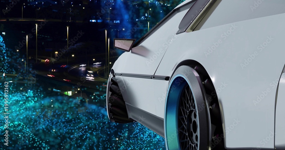 Naklejka premium Showing white sports car rear quarter gleaming on urban overpass, with teal-blue rim, flared fender