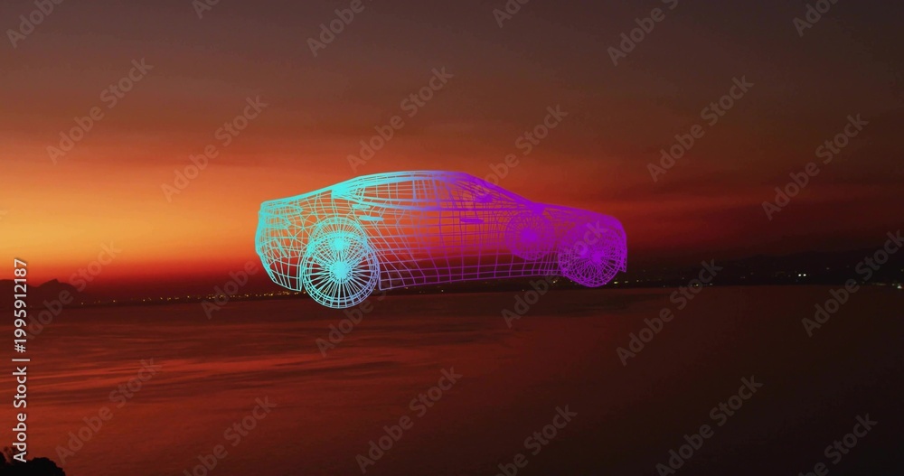 Fototapeta premium Levitating neon wireframe car hovering above calm coastal water at sunset, showing distant lights