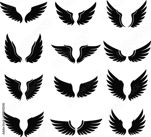 Set of stylized black silhouette wings vector graphics
