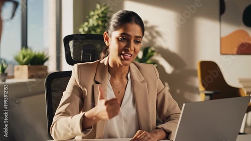 Professional woman greeting colleague during video conference at desk