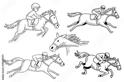 Hand drawn horse racing icons set dynamic poses, line art illustration, sports concept