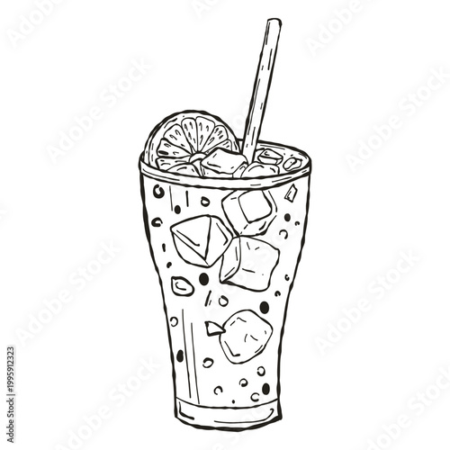 Gin and Tonic Cocktail with Lime, Hand Drawn Vector Sketch, Drink Illustration