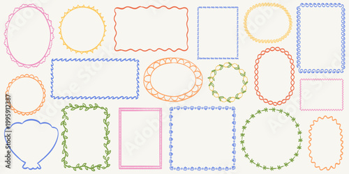 Doodle coastal frame set. Hand drawn colorful border collection. Minimal square, circle and rectangle shapes. Elegant Mediterranean italian sea theme empty banner, poster, placard, postal stamp decor.