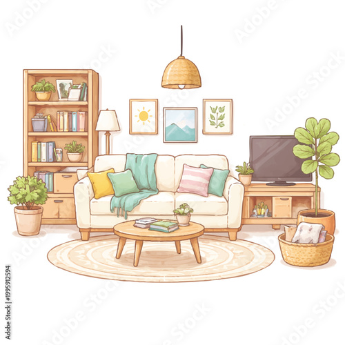 Cozy Hand Drawn Living Room Interior with Sofa and Bookshelf