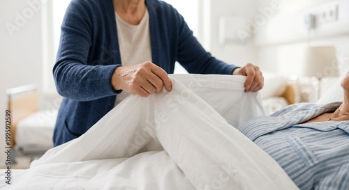 Caregiver adjusting blanket for resting elderly patient, comfort in palliative care.