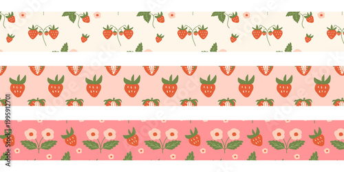 set of spring horizontal seamless strawberry borders. Perfect for stickers, bookmarks, tapes, and stationery