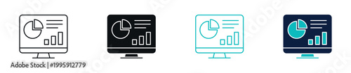 Data analytics dashboard icons, computer monitor with charts and graphs, business analysis and reporting concept in line and solid style, vector illustration