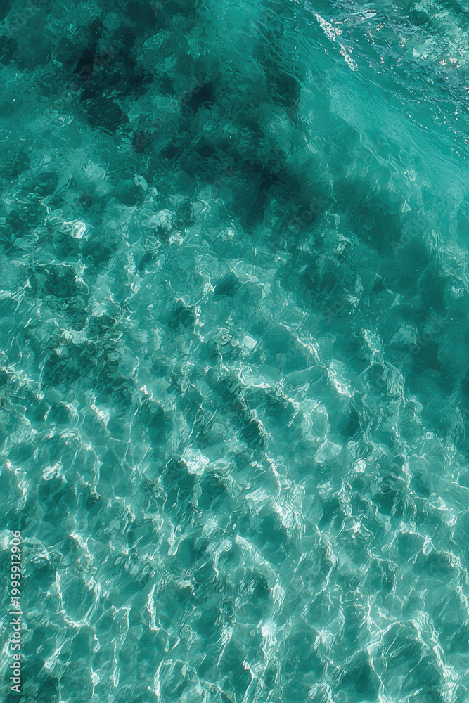Fototapeta premium An aerial view captures , turquoise water. The sunlight creates bright, shimmering patterns on the water's surface