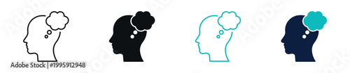 Thinking process icons, human head with thought bubble, idea and brainstorming concept in line and solid style, vector illustration