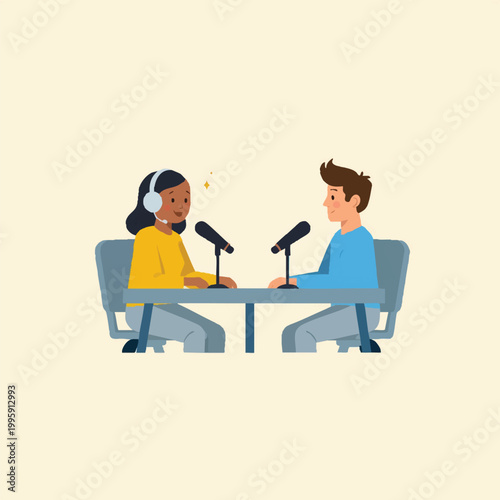 Man and Woman Recording Podcast in Studio Illustration