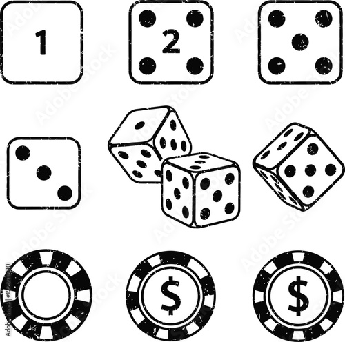 Dice and casino chips vector set for gambling with game night