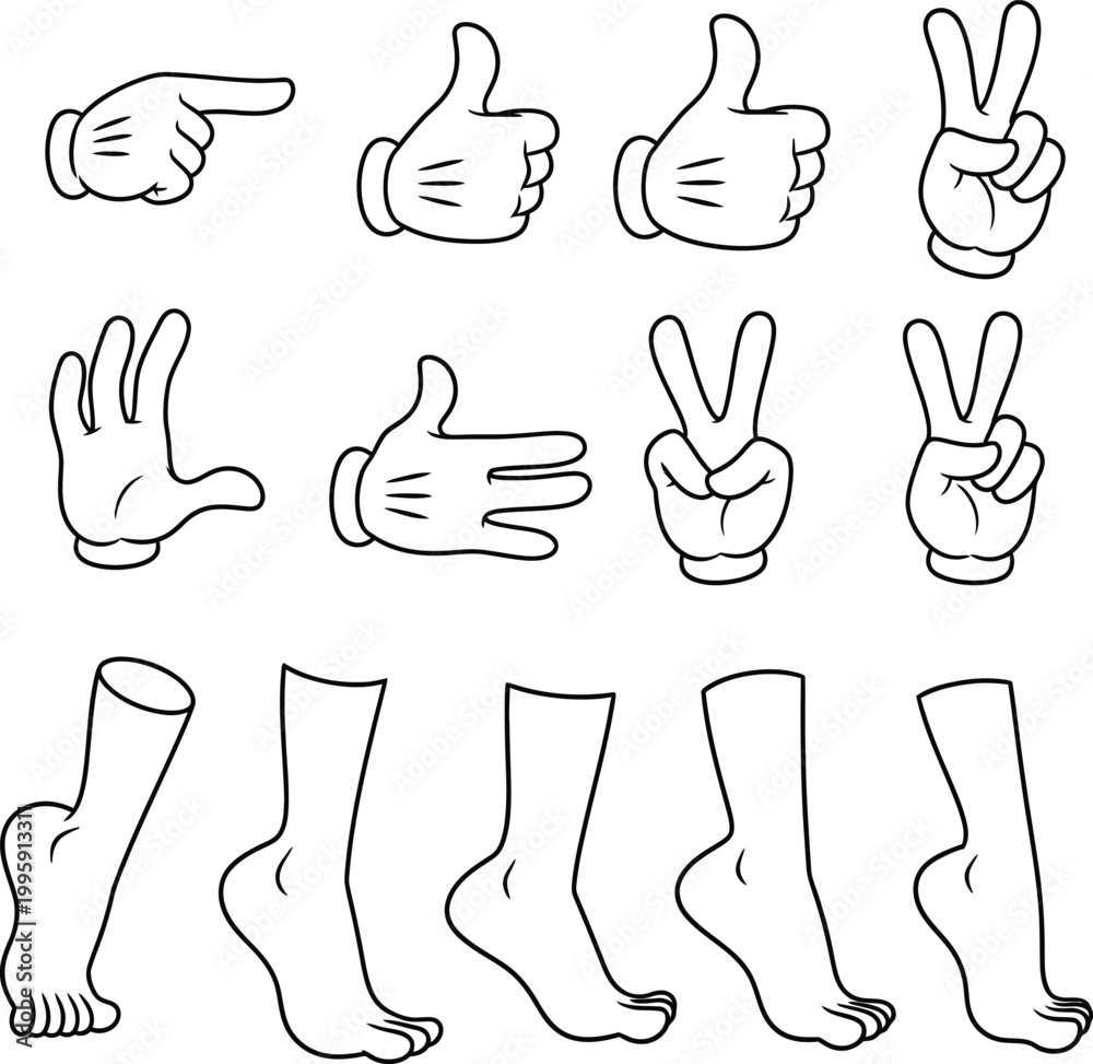 Fototapeta premium Cartoon hands and feet gestures vector set with thumb up with line art