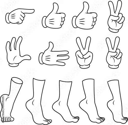 Cartoon hands and feet gestures vector set with thumb up with line art