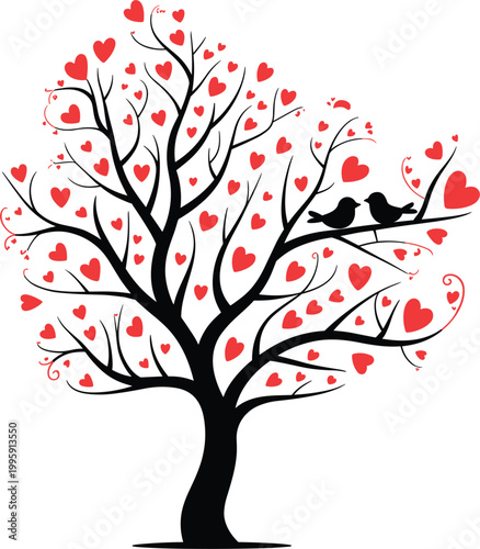 Romantic heart tree with love birds, valentine concept decorative illustration design