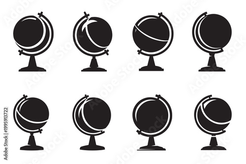Εκτύπωση καμβά Set of eight globe icons in silhouette each on a stand with meridian rings silho