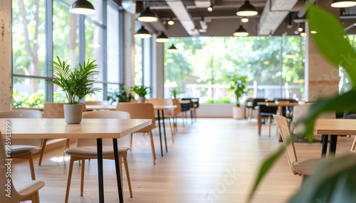 Bright modern cafeteria with wooden tables and greenery.
