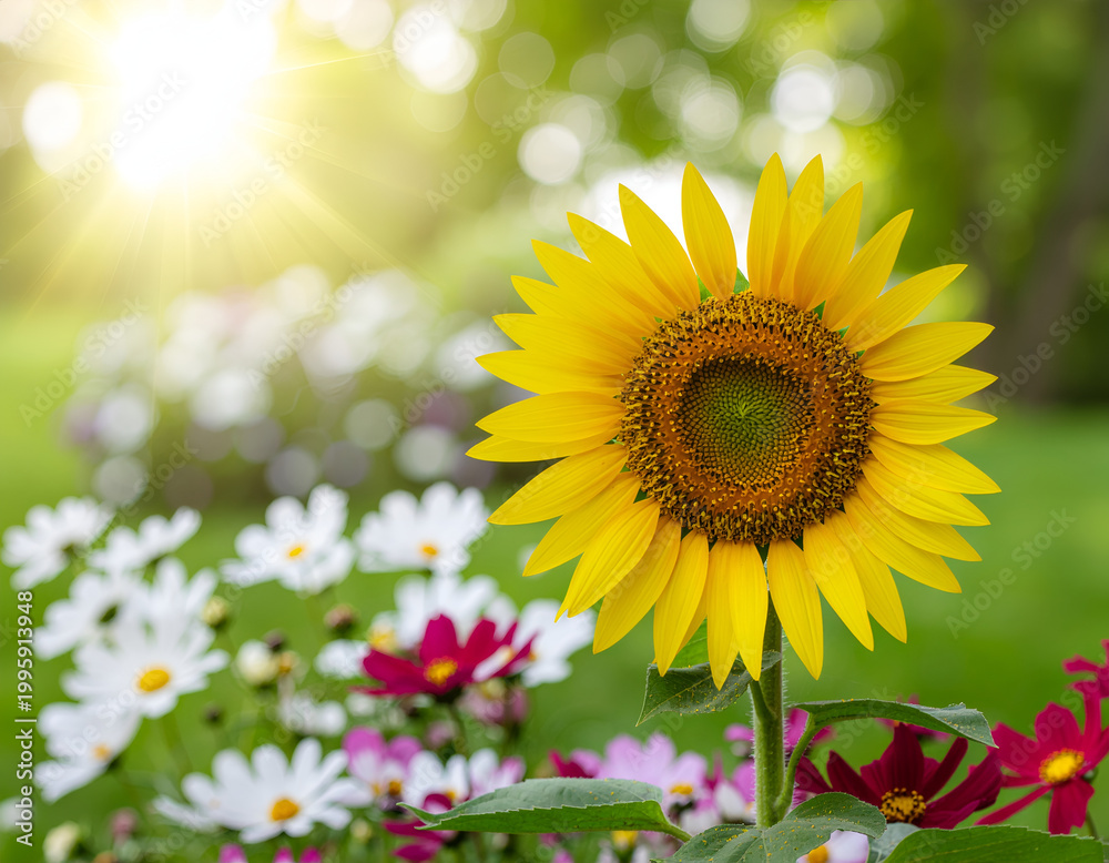Obraz premium Radiant sunflower with daisies in sunny garden at golden hour.