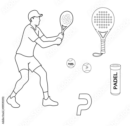 Padel sport line art set with player holding racket, balls, paddle, and accessories, minimal outline illustration isolated on light background, ideal for sports design and branding.