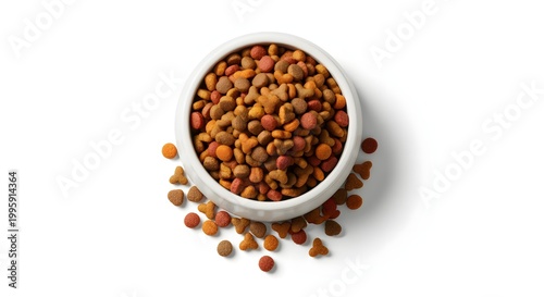 Bowl full and overflowing with dry pet food bits on a white background, top view