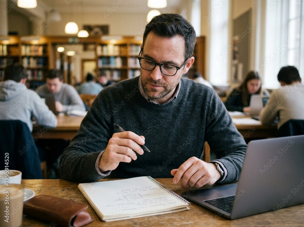 Fototapeta premium Man with glasses intently writing notes in library while using laptop