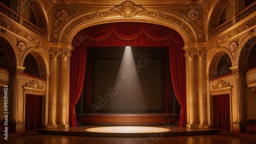 Ornate theater stage with red curtains