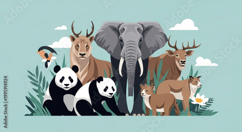 Diverse Group of Wild Animals Together in Nature.