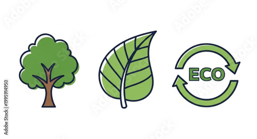 Green tree leaf and eco symbol icons representing nature and environment.