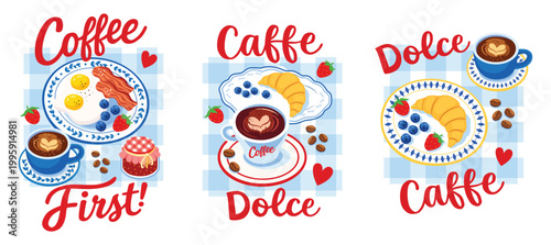 Breakfast poster with coffee, strawberry, blue berries, croissant, plates, cups. Kitchen cup, plate, dishes. Best for summer t-shirt prints, posters, stickers, decoration, decor, design. 
