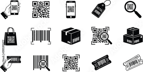 Barcode and QR code scanning vector icon set featuring mobile phone, package tracking, magnifier, ticket, and retail technology symbols
