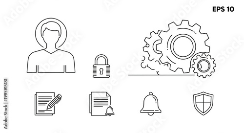User profile settings and security icons with gears and documents.