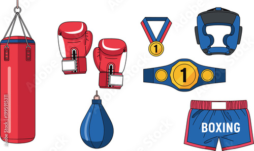 Boxing sport equipment icon set featuring punching bag, gloves, helmet, medal, championship belt, shorts, and speed bag for fitness training and competition
