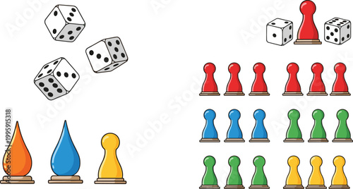 Board game elements icon set featuring dice, pawns, and colorful game pieces for tabletop gaming, strategy play, and entertainment concepts