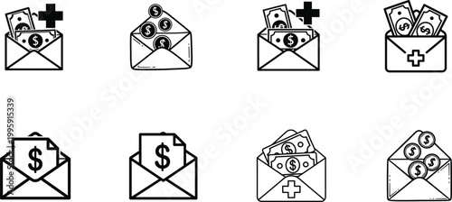 Set of black and white money and envelope icons for financial business concepts