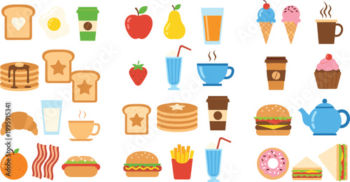 Breakfast and fast food icon set featuring toast, coffee, pancakes, burger, fries, donut, fruits, drinks, and desserts for menu and cafe concepts