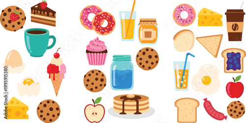 Breakfast and dessert icon set featuring cookies, donuts, pancakes, coffee, juice, cheese, bread, eggs, cupcake, and sweets for cafe menu concepts