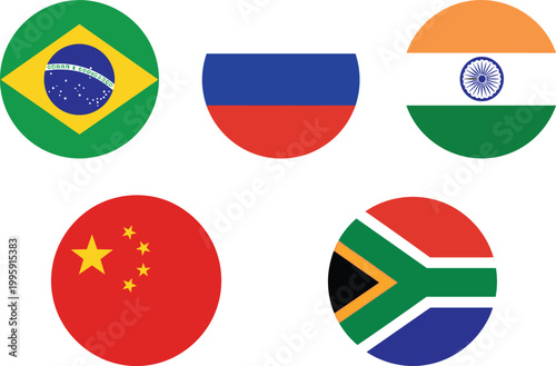 BRICS countries flag icon set featuring Brazil, Russia, India, China, and South Africa symbols for global economy, international relations, and cooperation concepts