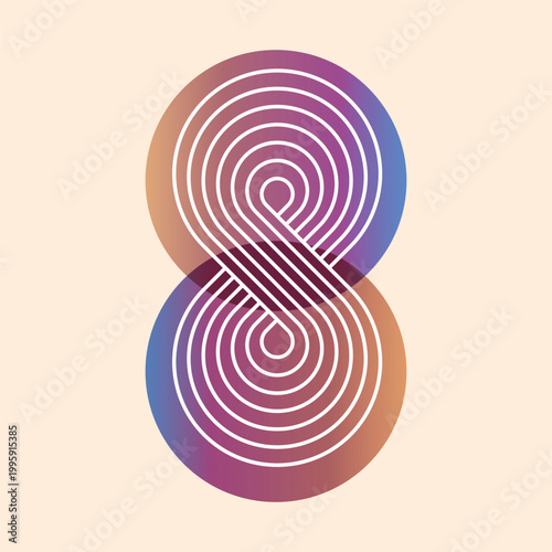 Infinity sign of two connected discs of metal wires. Eight infinite halftone symbol. illustration isolated on offwhite background