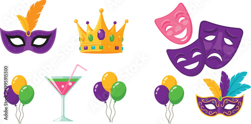 Carnival party icon set featuring masks, crown, balloons, cocktail glass, and theatrical masks for festive celebration, masquerade, and entertainment themes