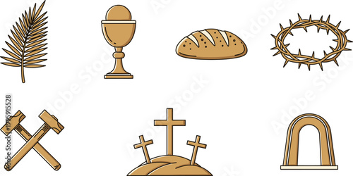 Christian religious icon set featuring crown of thorns, crosses, chalice, bread, palm leaf, and sacred symbols for Easter, faith, and church concepts