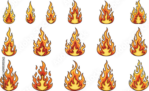 Cartoon fire flame icon set featuring various burning flame shapes for heat, danger, energy, and fiery animation design concepts